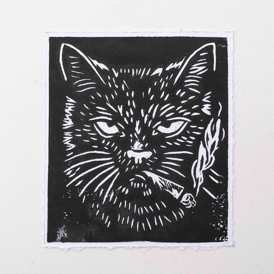 CAT SMOKING Lino print - small - black and white - handmade