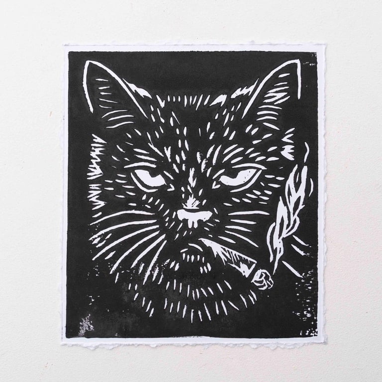 CAT SMOKING Lino print - small - black and white - handmade