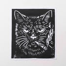 CAT SMOKING Lino print - small - black and white - handmade