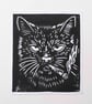 CAT SMOKING Lino print - small - black and white - handmade - Image 1