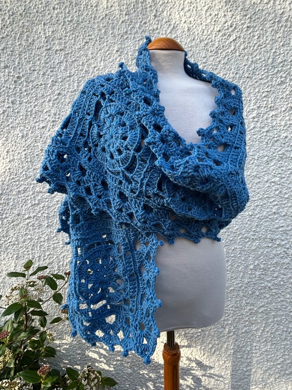 Sky Blue Handmade Lace Crochet Squares Oversized Scarf Neck Warmer
