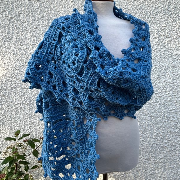 Sky Blue Handmade Lace Crochet Squares Oversized Scarf Neck Warmer