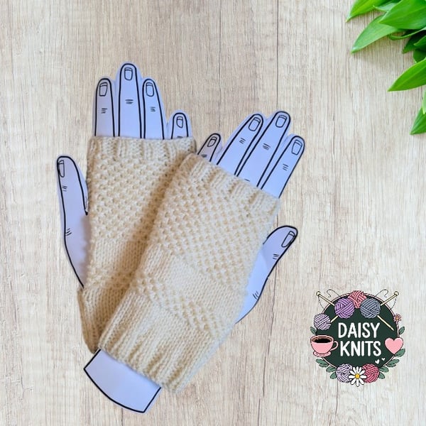 Fingerless Gloves, Cream Wrist Warmers, Hand knitted Ladies Gloves