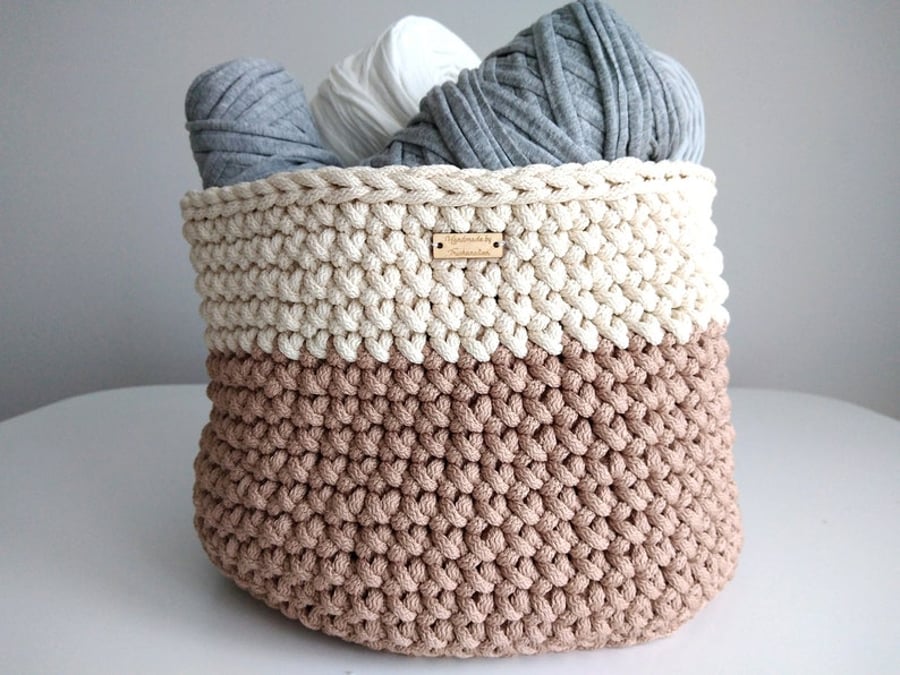 Home Decor, Handmade Storage Basket, Laundry Basket, Ivory, Light Brown