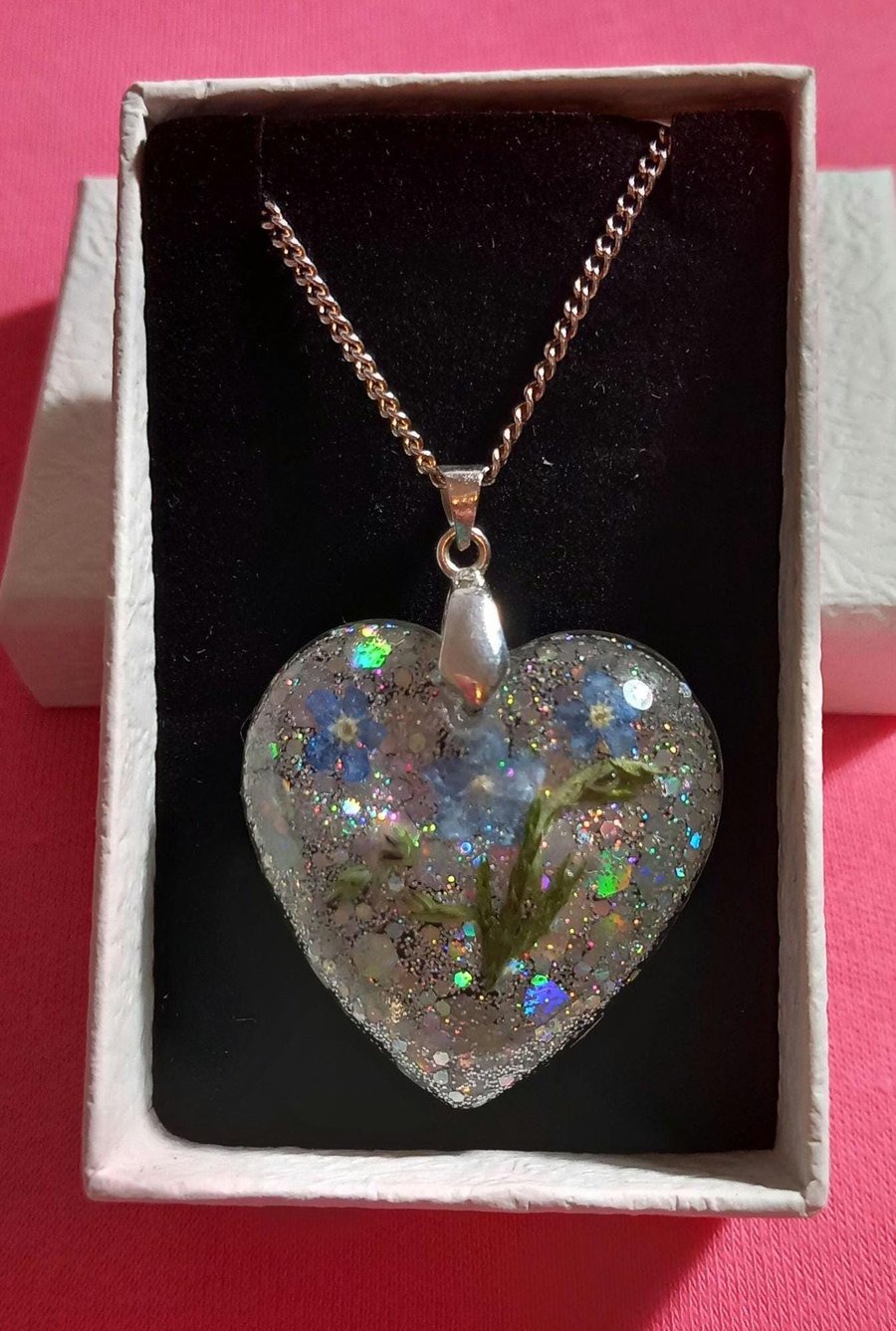 Heart shape necklace Forget me not necklace 925 sterling silver,Real dried flowe