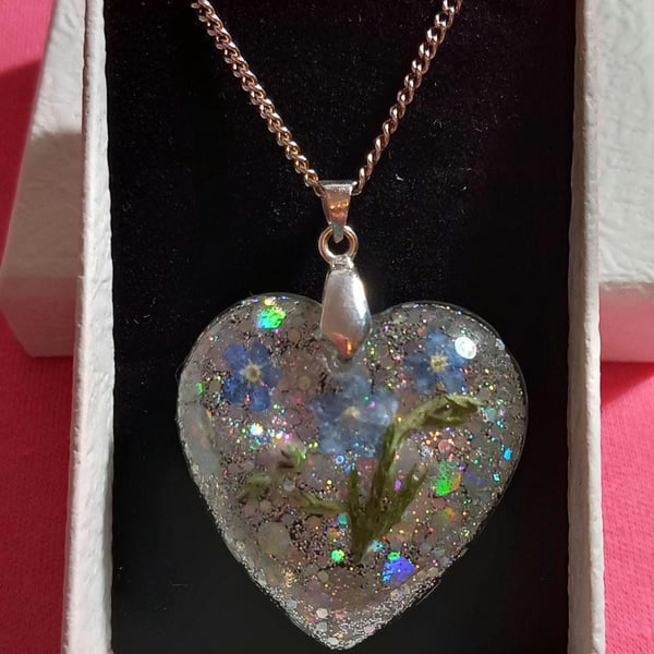 Heart shape necklace Forget me not necklace 925 sterling silver,Real dried flowe