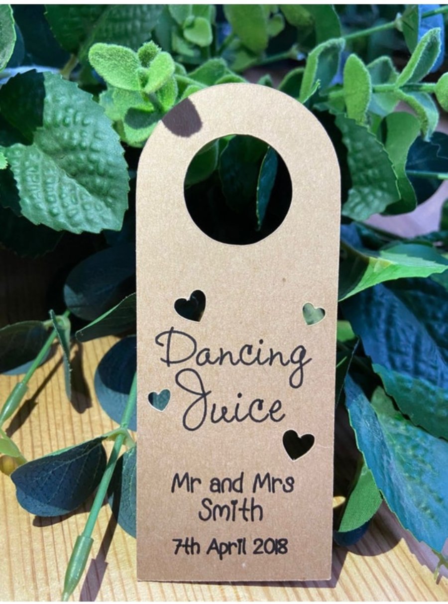 10 x Personalised wedding favour miniature bottle drink tag. Drinking juice tag.