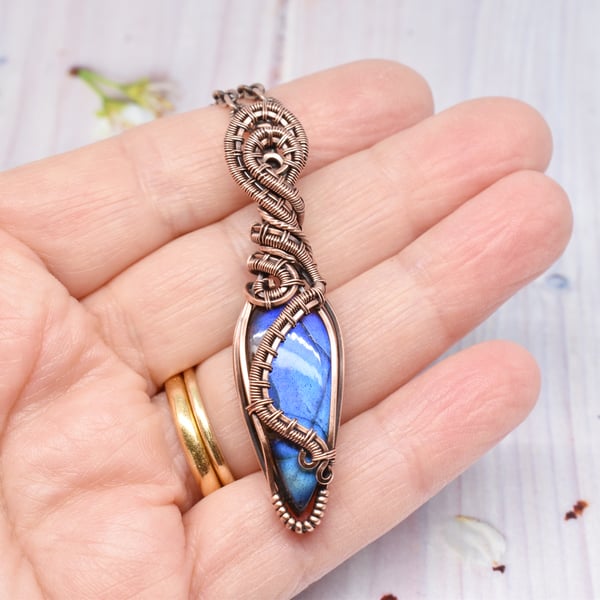 Wire Woven Blue Labradorite and Copper Heady Style Pendant