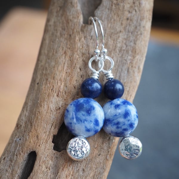 Blue Sodalite Earrings, Argentium Silver Dangle Drop Earrings