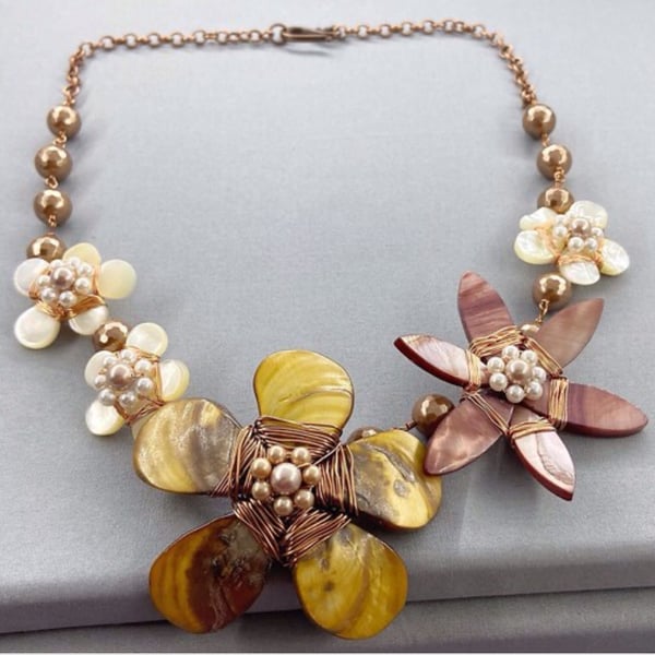 Rustic Boho Mother of Pearl Shell Flower Beaded Necklace