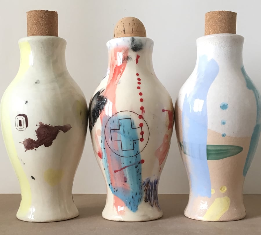 Set of 3 Ceramic bottles. Vase. Gift. Oil. Decorative. Potion. Cork.