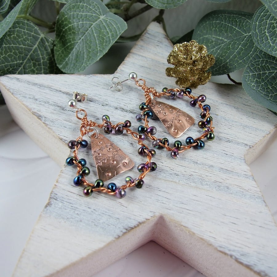 Christmas Earrings, Delicate Copper and Miyuki Glass with Silver Stud Fitting