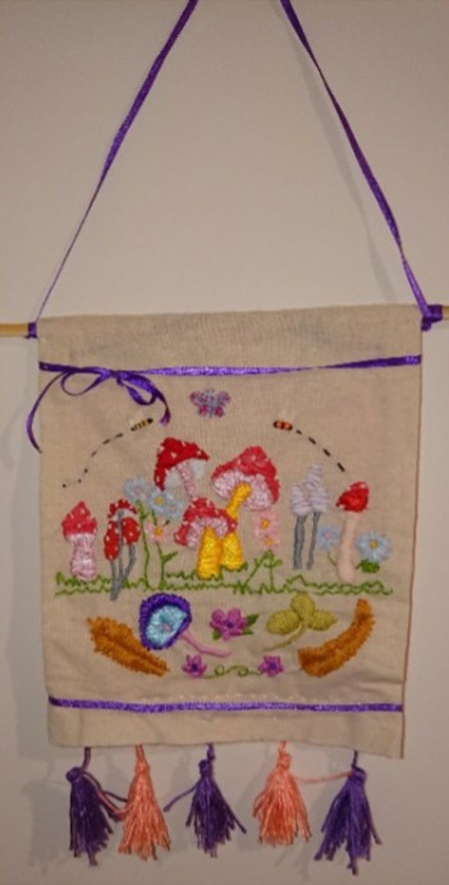 Hand embroidered Fabric Wall Hanging, Toadstool Pennant 