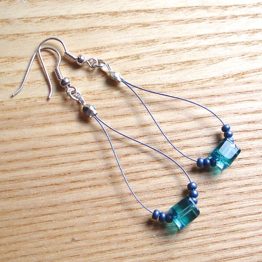 Cute Cubes Blue Loop Bead Earrings, Pretty Stocking Filler for Her
