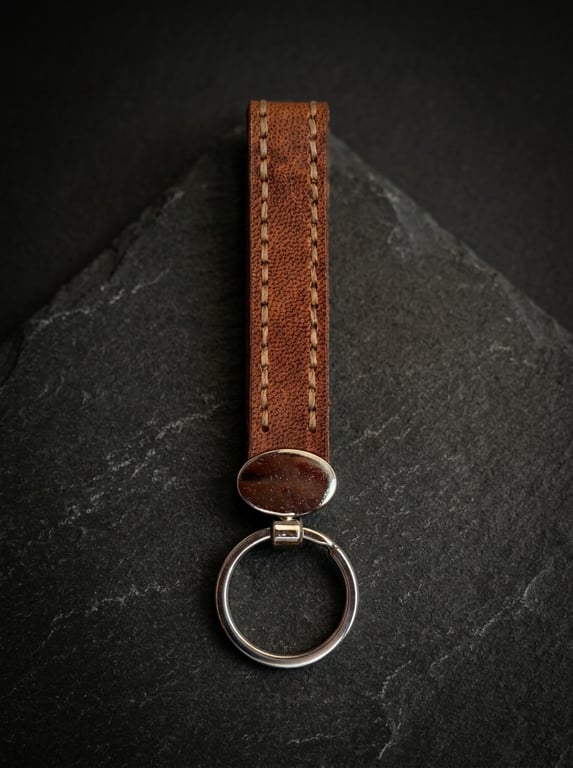 Tan Full Grain Leather Strap Keychain Chrome Medallion Handmade UK