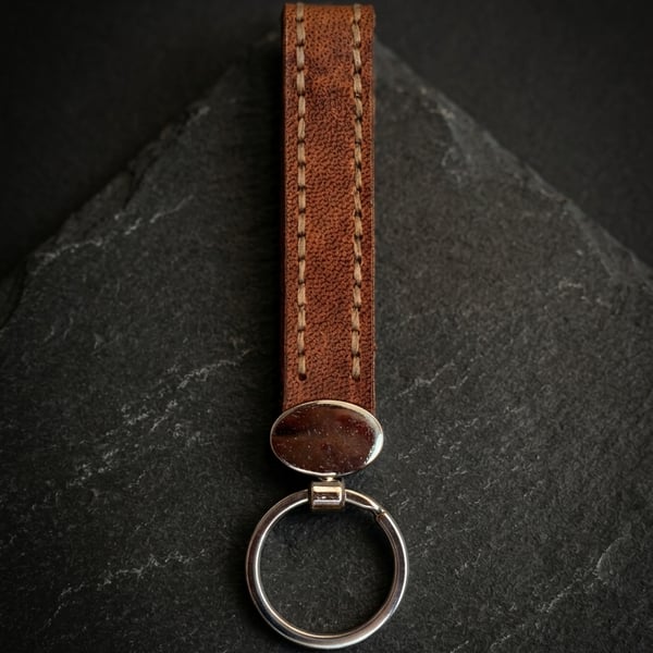 Tan Full Grain Leather Strap Keychain Chrome Medallion Handmade UK