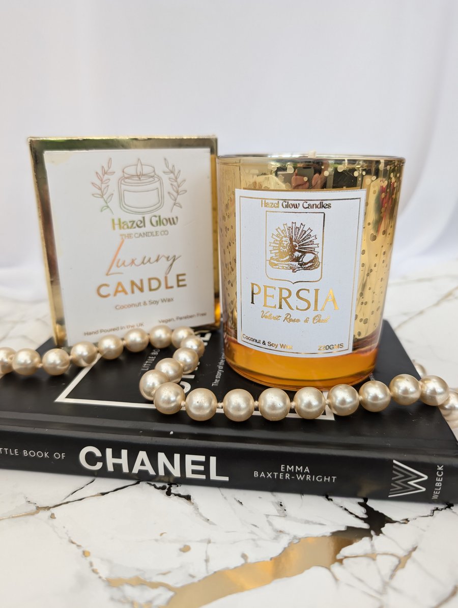 Persia Luxury Destination Candle, Velvet Rose & Oudh, Gold Sparkle Container
