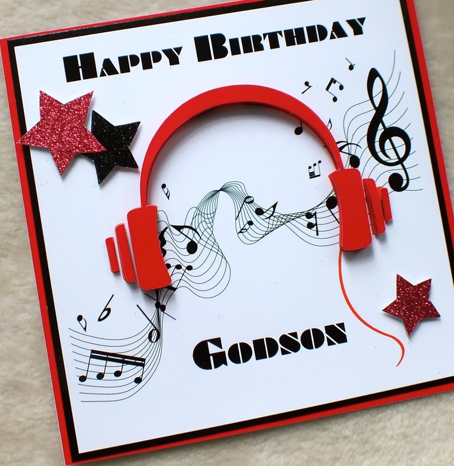 Handmade Godson 3D Music Headphones Birthday Card