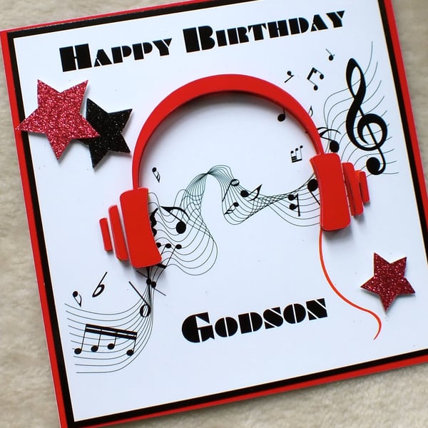 Handmade Godson 3D Music Headphones Birthday Card