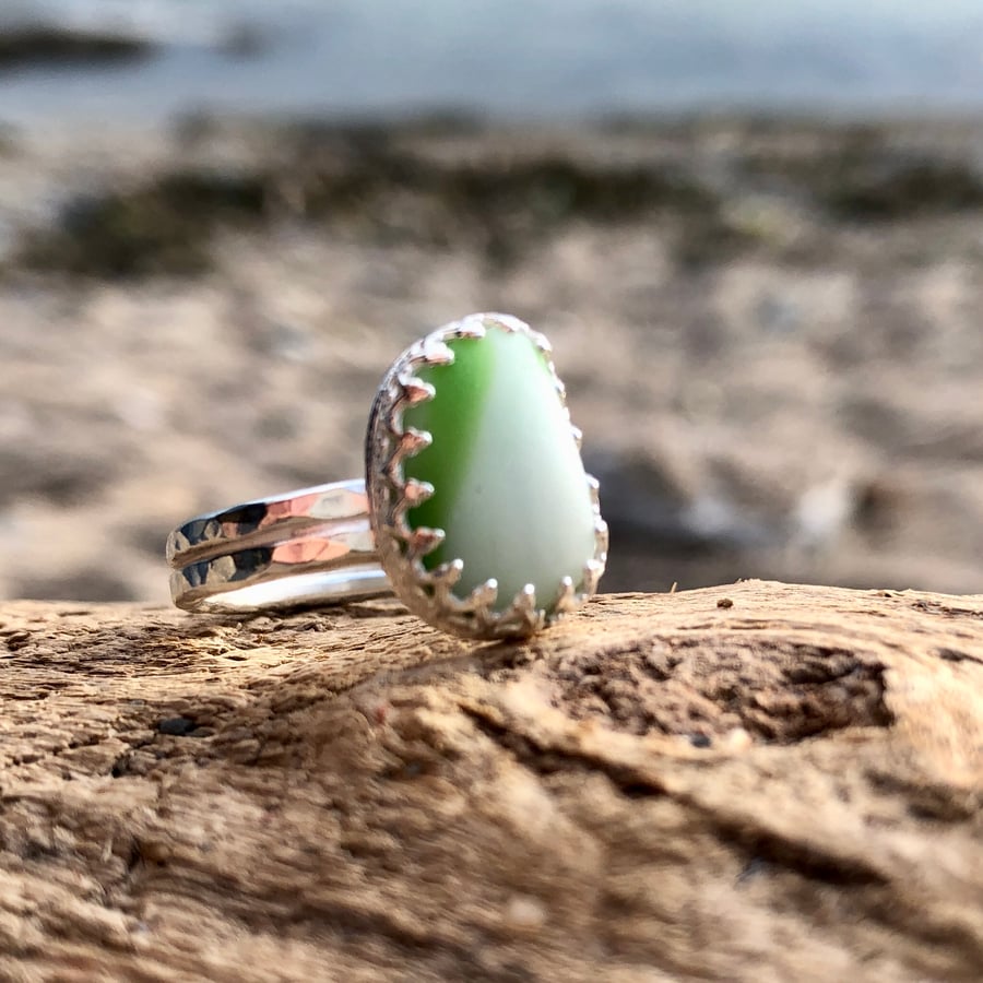 White and Green Milk Sea Glass and Sterling Silver Double Ring - Size Q - 1192