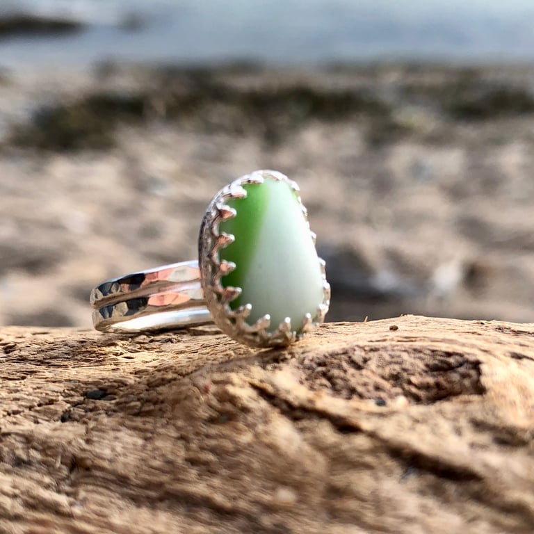 White and Green Milk Sea Glass and Sterling Silver Double Ring - Size Q - 1192