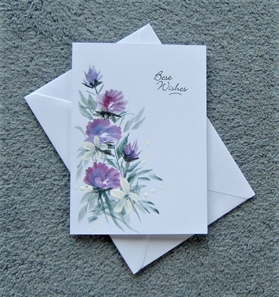 hand painted Best Wishes floral greetings card ( ref F 85 )