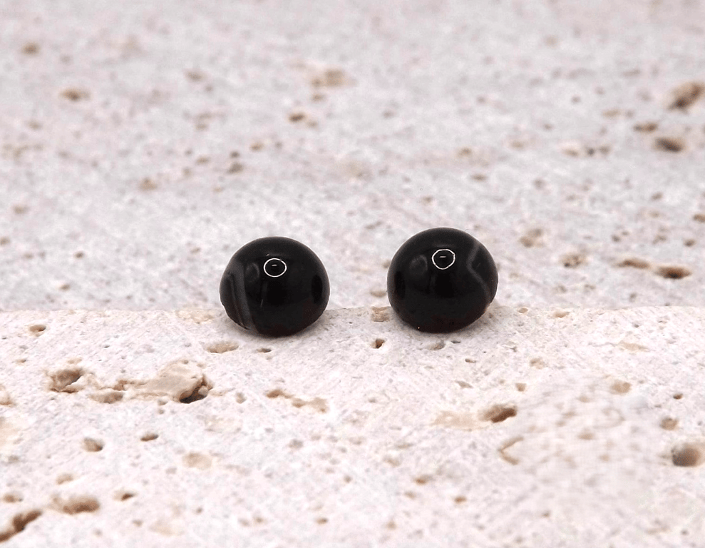 Black Banded Agate 6mm Gemstones, Sterling Silver Earrings. Side White Bands.