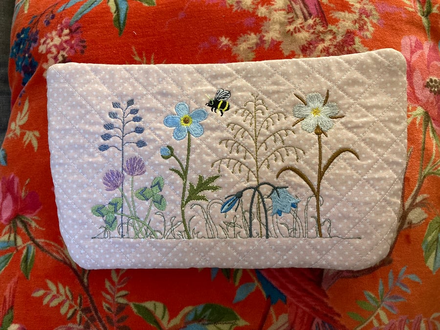 Floral embroidered quilted cotton makeup bag