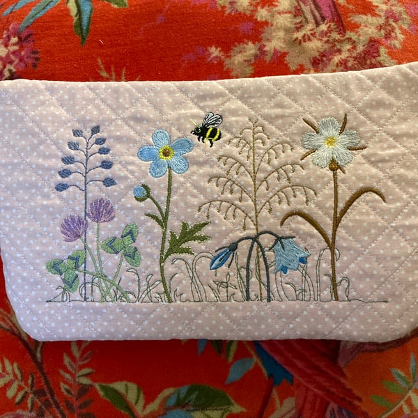 Floral embroidered quilted cotton makeup bag