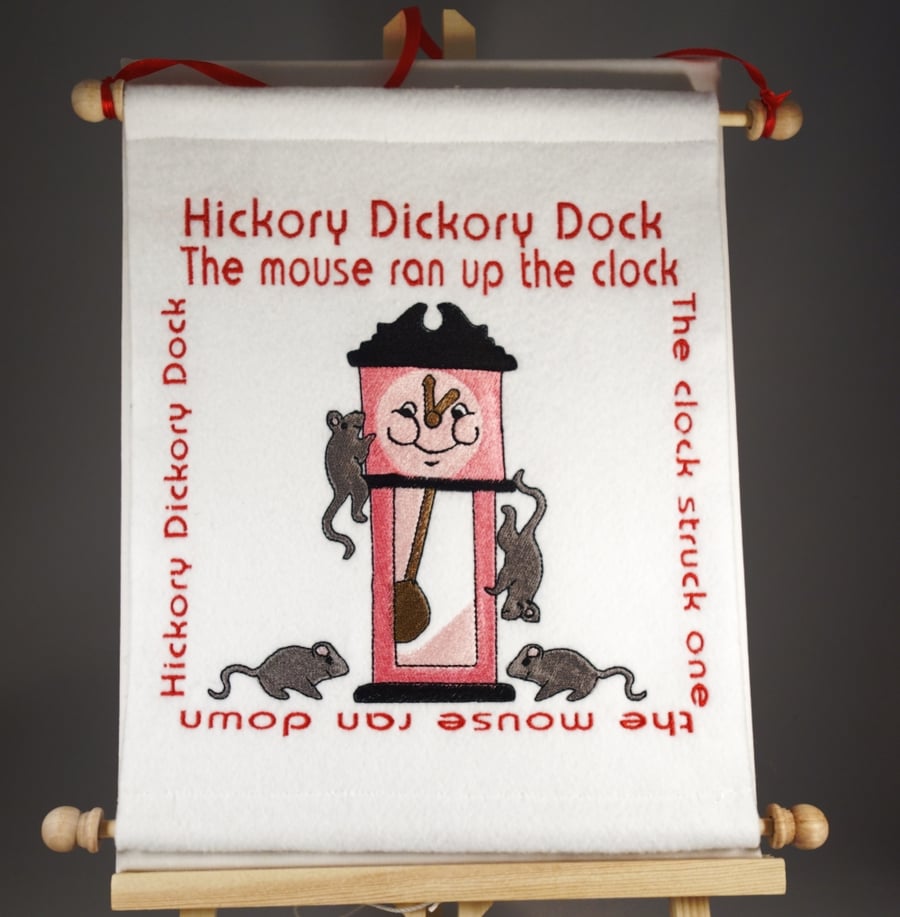 Hickory Dickory Dock. Hand Crafted, Embroidered Nursery Rhyme Wall Hanger