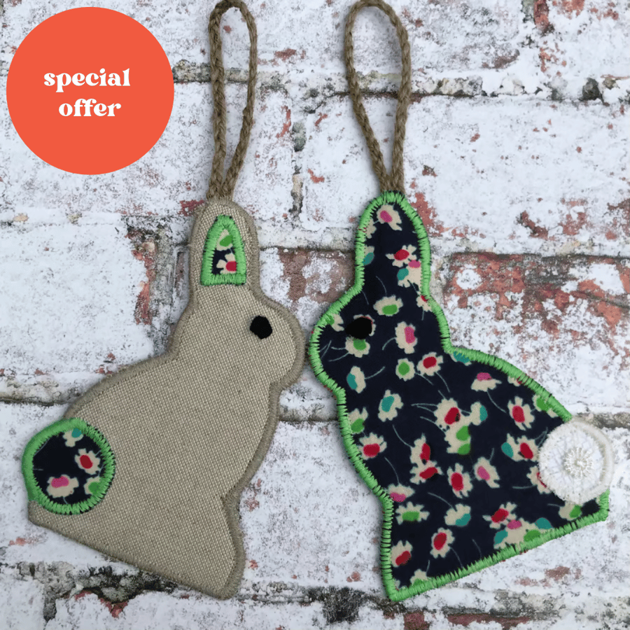 Pair of Rabbit Decorations One in Liberty Fabric and One in Linen