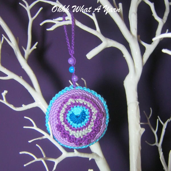 Lilac crochet peacock feather decoration, scissor keeper, pin cushion 