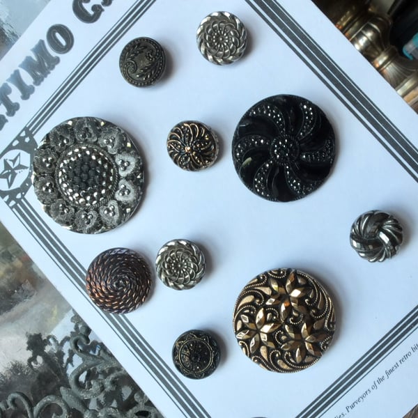 10 Vintage Metallic Glass Buttons 