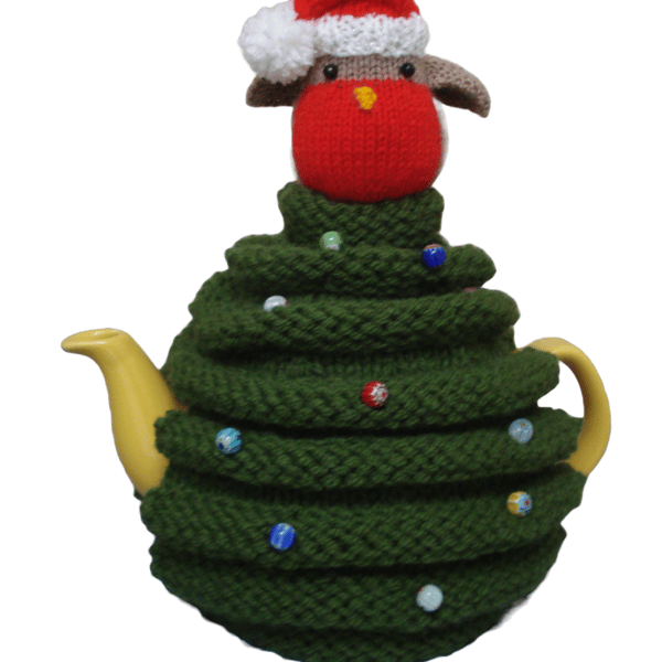 Christmas Tree Tea Cosy With Robin, Glass Bead Baubles And Knitted Holly Leaves 