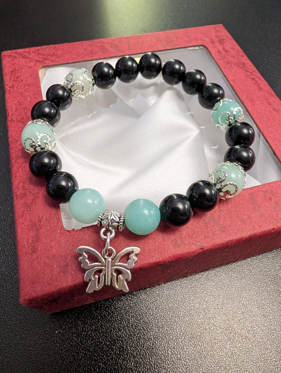 Handcrafted Black Agate & Amazonite Gemstone Bracelet with Butterfly Charm
