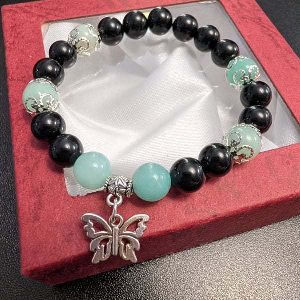 Handcrafted Black Agate & Amazonite Gemstone Bracelet with Butterfly Charm