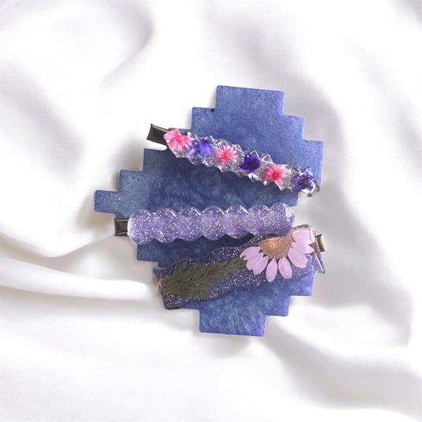 Pressed Flower Resin Hair Clips Set of 3