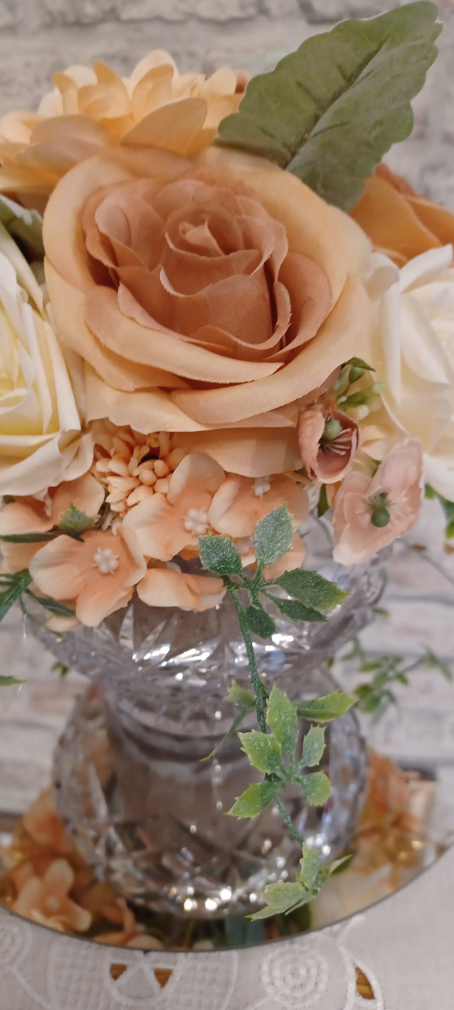Peaches and cream..... A vintage glass rosebowl with beautiful silk flowers