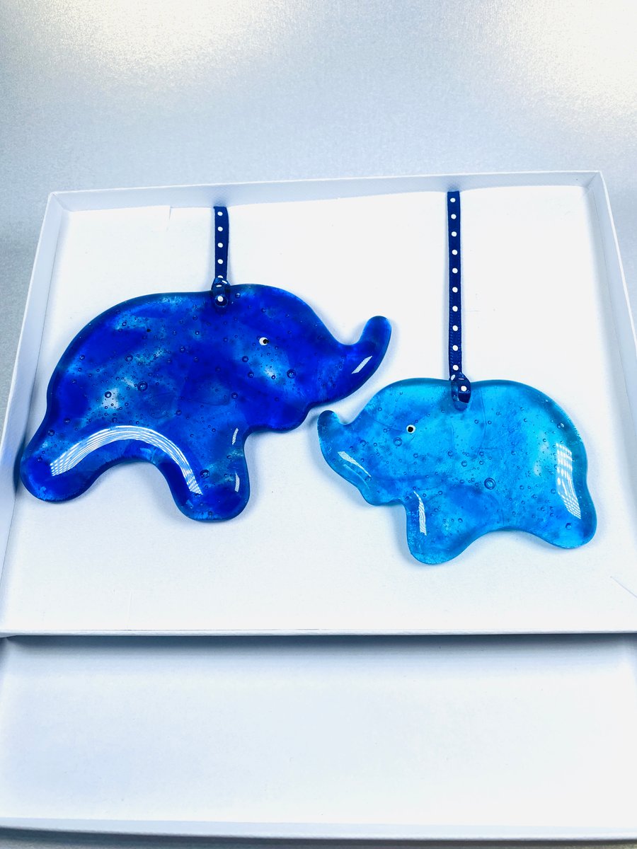 Gorgeous gift set  blue elephants- glass hanging