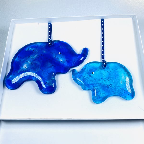 Gorgeous gift set  blue elephants- glass hanging