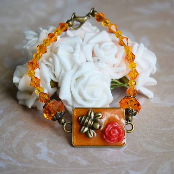 Orange Bee and Flower Bracelet