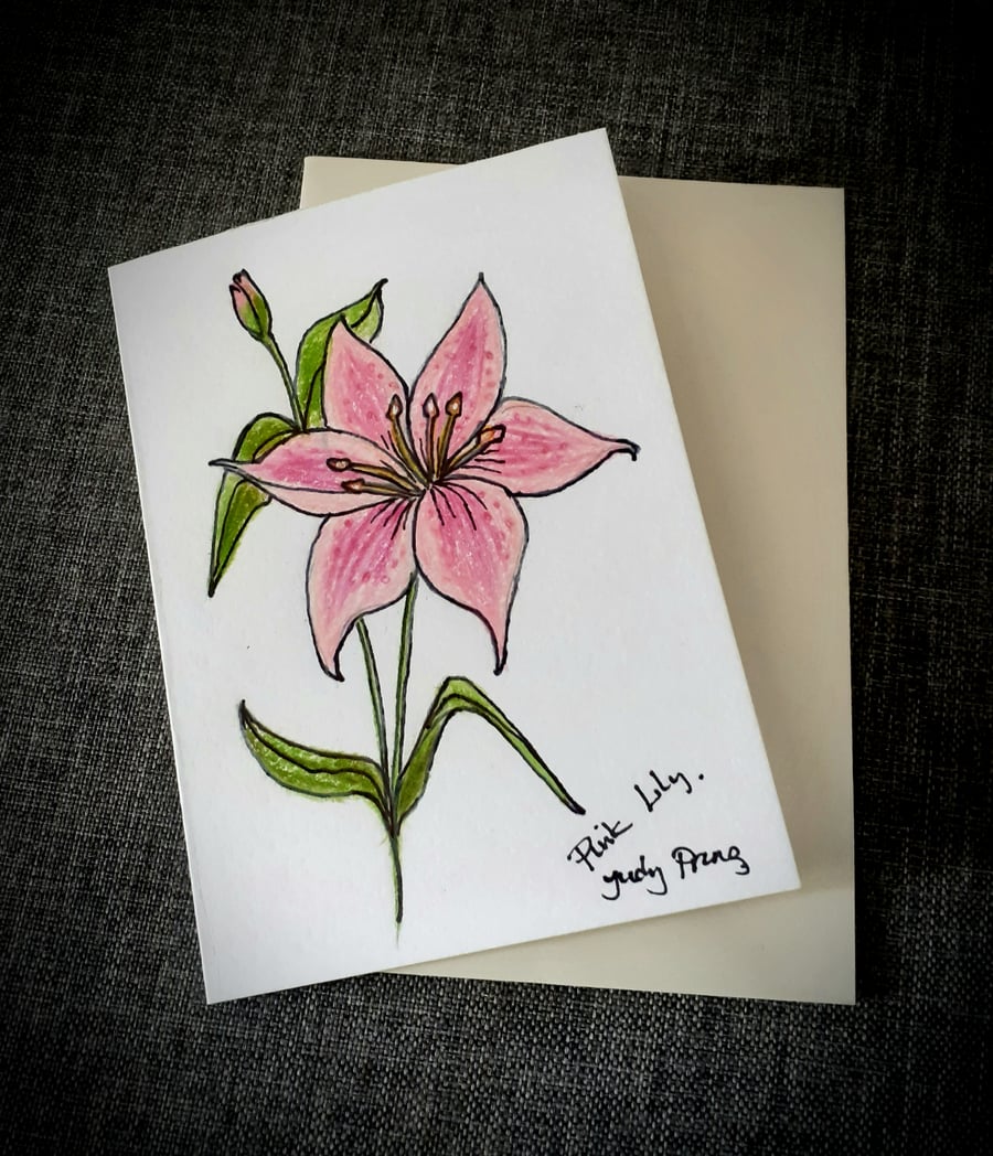 Hand drawn pink lily  flower card 