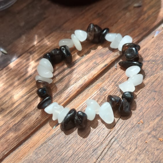 Overwhelm reducing bracelet with snow quartz and smoky quartz