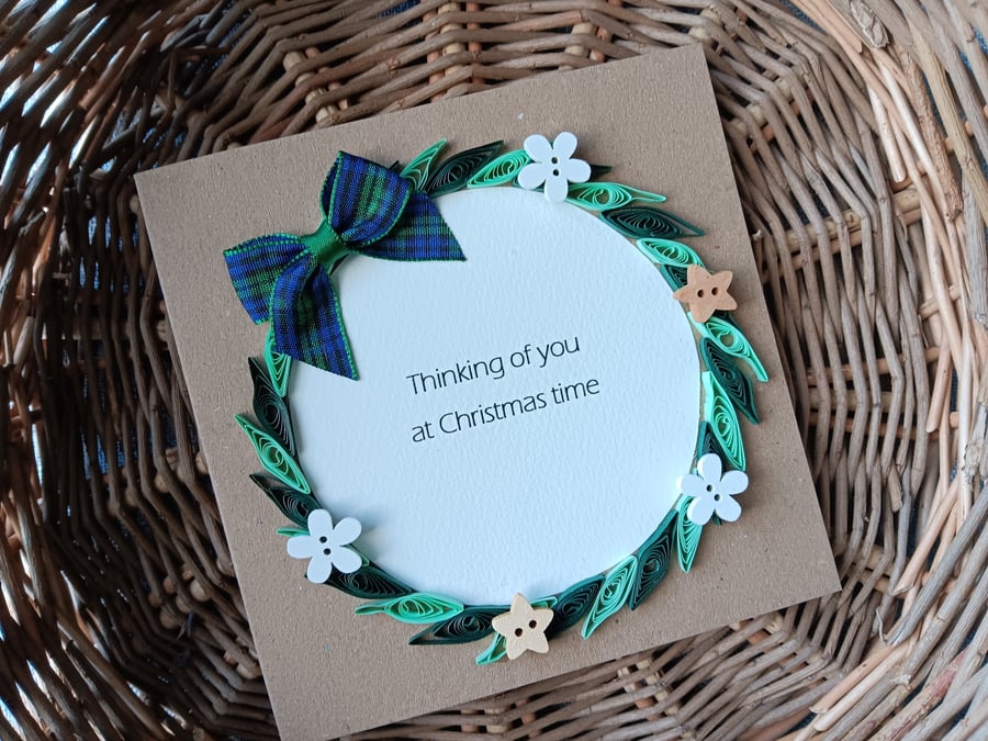Thinking of you at Christmas time Quilled Wreath Card with Buttons 5" x 5"