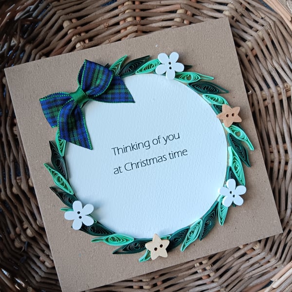 Thinking of You at Christmastime Quilled Wreath Card with Buttons 5" x 5"