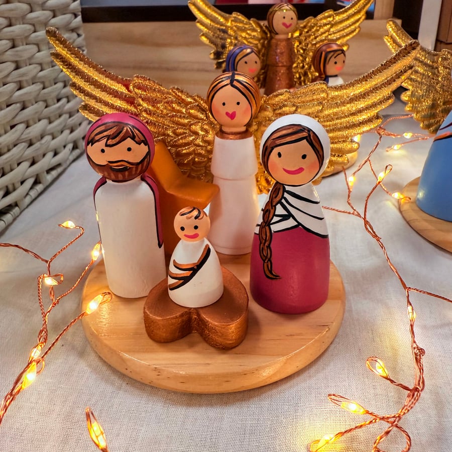 Colourful Pink scandi style Christmas Nativity Set with Mary, Joseph and Jesus