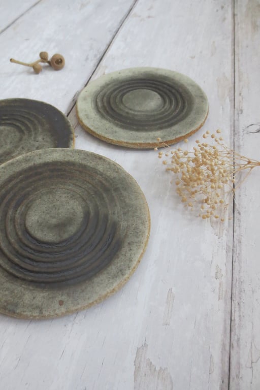 COASTERS hand-built stoneware pottery coaster set (x3) in matt pale grey-green 