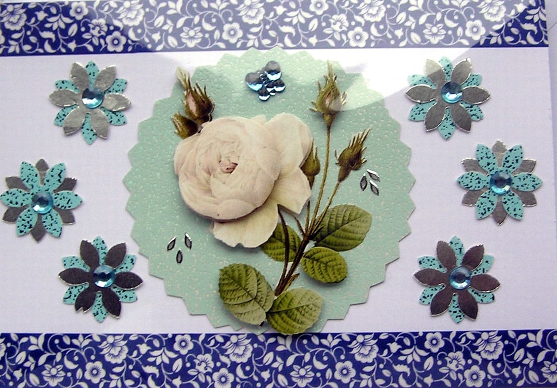 White Rose Flower - Hand Crafted Decoupage Greeting Card - Blank 3026
