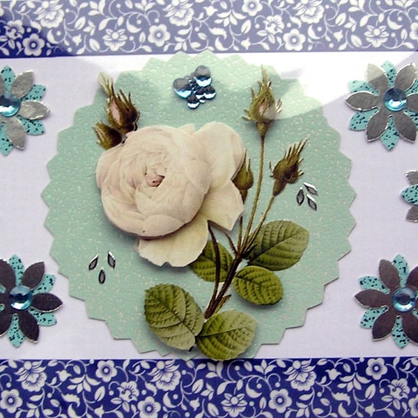 White Rose Flower - Hand Crafted Decoupage Greeting Card - Blank 3026