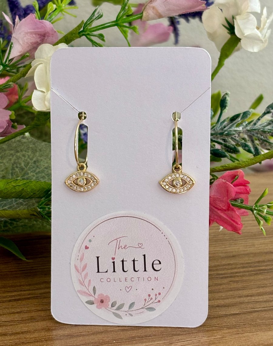 Evil Eye Hoop Earrings, Gold Plated Charms, Handmade Symbolic Jewellery